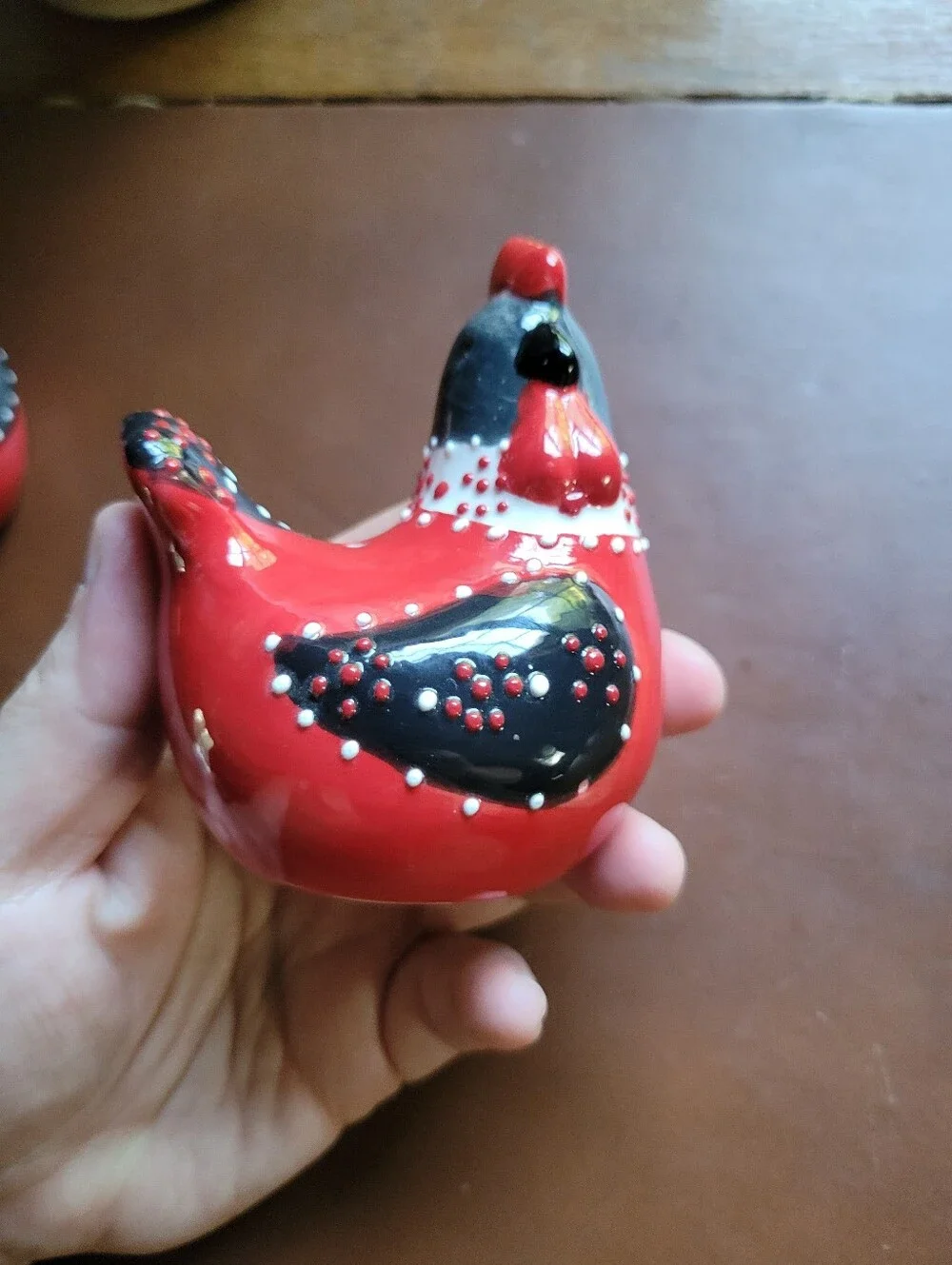 Ceramic Chicken Shaped Polka Dot Salt & Pepper Shakers Black White Red Set